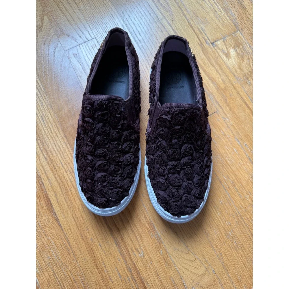 Tory Burch Rosette Slip On Platform Sneakers Brown Floral Shoes 6M 32158228